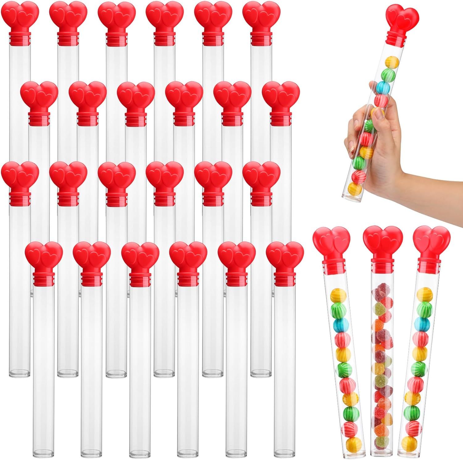 Lallisa 24 Pcs Large Clear Plastic Valentine's Day Candy Tubes with Red Heart Topper Valentine's ... | Amazon (US)