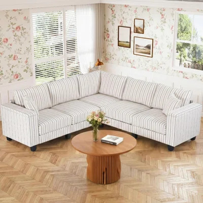 97" Vintage Stripe 5-Seat Sectional Sofa with Upholstered Storage Armrests and Throw Pillows | Wayfair North America