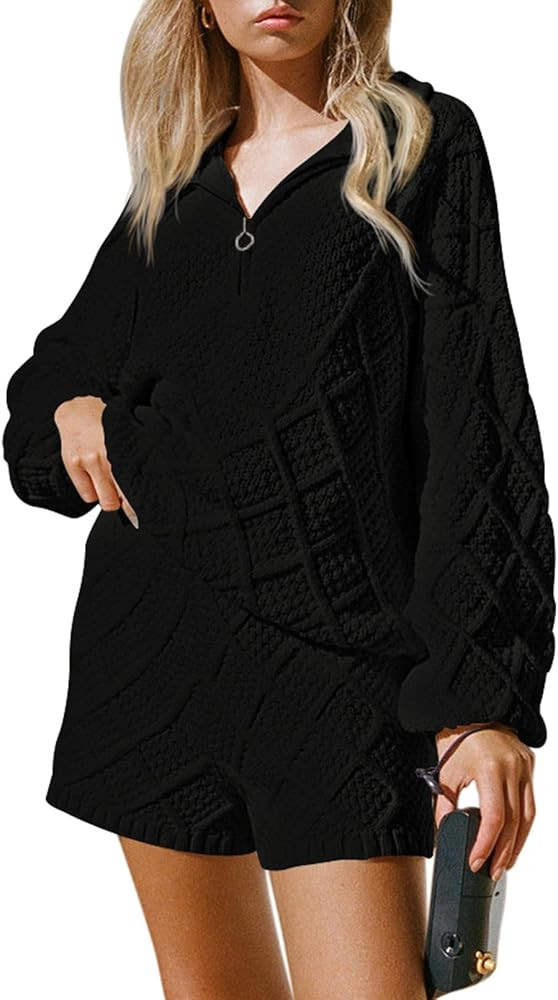 Pink Queen Women's 2023 Fall 2 Piece Outfits Sweater Set Half Zip Cable Knit Pullover Top and Sho... | Amazon (US)