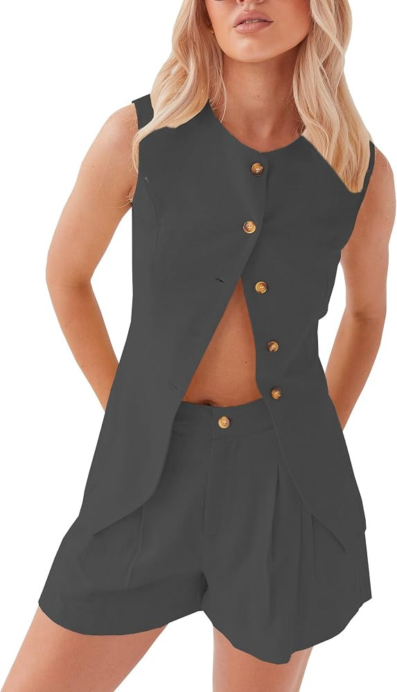 Womens 2 Pieces Sets for Women Summer Scoop Neck Button Down Linen Long Vest Pocket Shorts Set Ou... | Amazon (US)