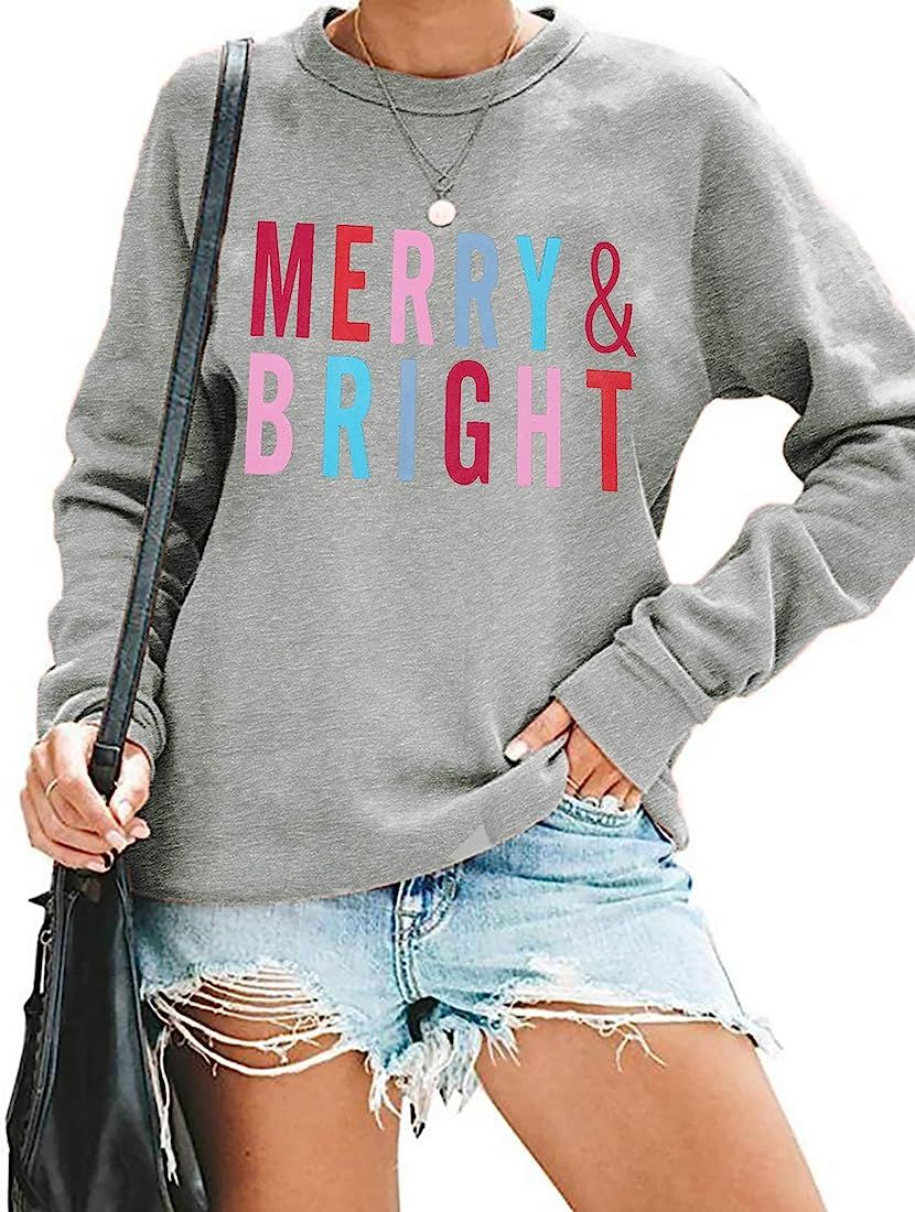 MOUSYA Christmas T-Shirt Women Merry Bright Colorful Letter Printed Sweatshirt Casual Long Sleeve... | Amazon (US)