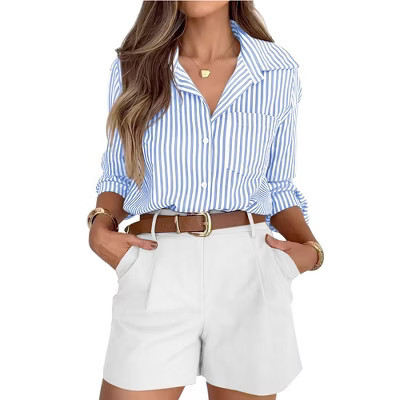 Women's Striped Button Down Shirt Long Sleeve Casual Comfort Top,light blue,S | Target