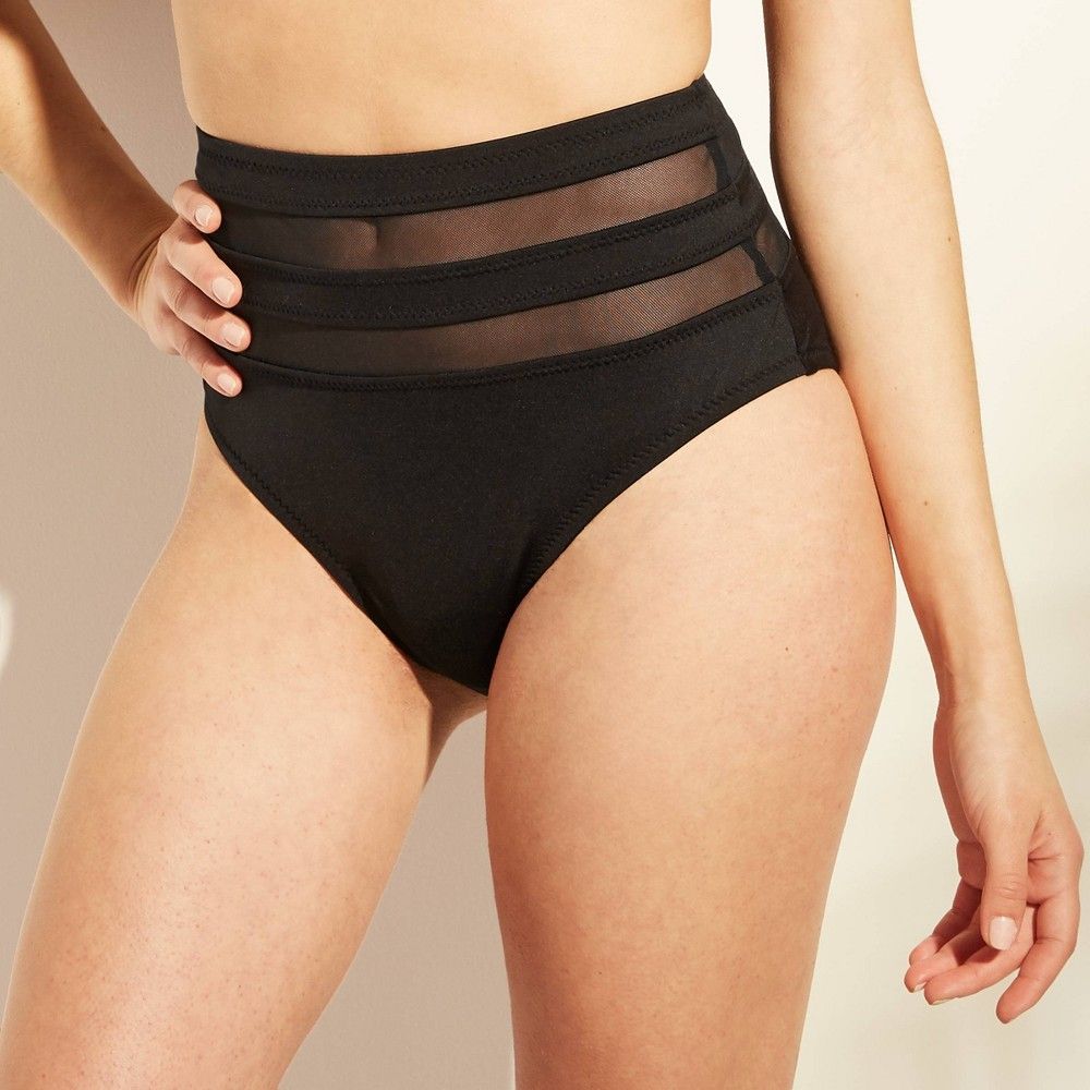 Women's Mesh Inset High Waist Bikini Bottom - Shade & Shore Black L, Size: Large | Target