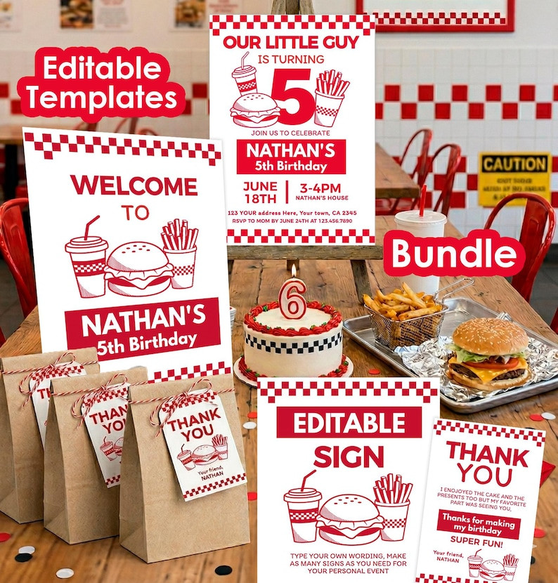 Burger Party Bundle Editable Templates Invitation, Favor Tags, Editable Signs, Thank You Cards, D... | Etsy (Global)