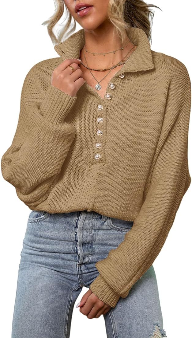 Women Lapel Collar Half Button Knit Sweater V Neck Long Sleeve Solid Pullover Jumper | Amazon (US)