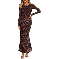MEROKEETY Women's Fall Formal Wedding Guest Dress Long Sleeve Maxi Bodycon Floral Mesh Winter Coc... | Amazon (US)