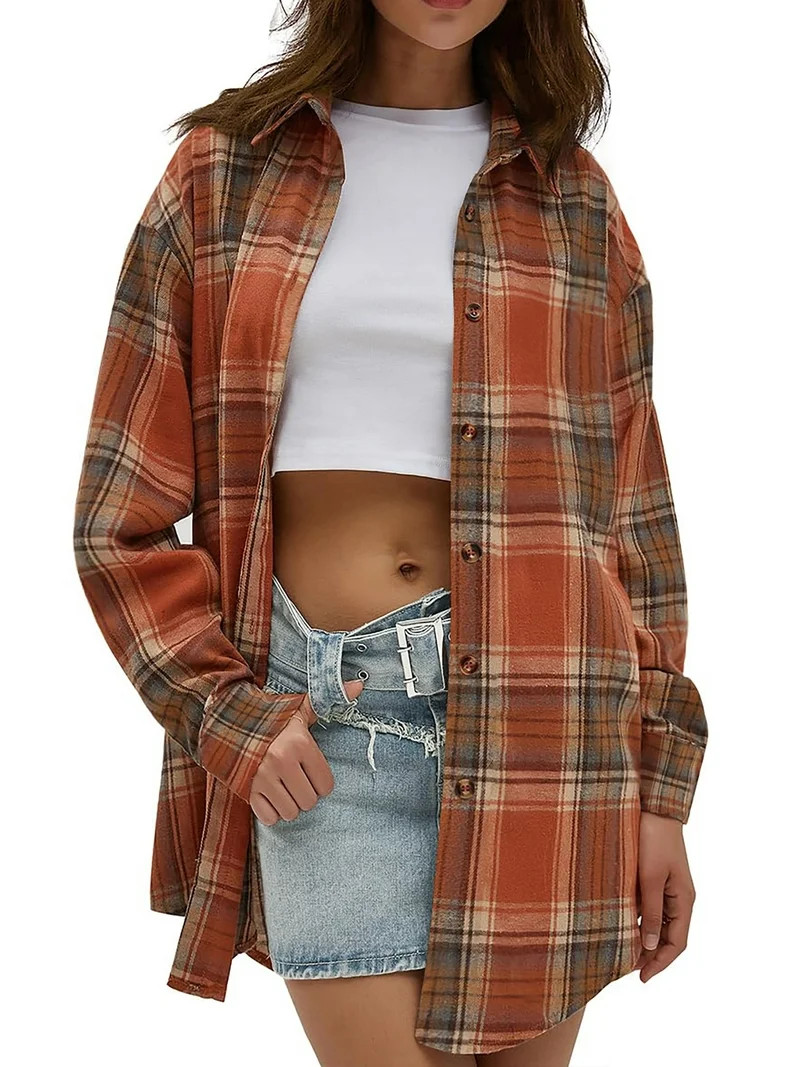 Fantaslook Plaid Flannel Shirts for Women Oversized Long Sleeve Button Down Shirts Blouses Tops | Walmart (US)
