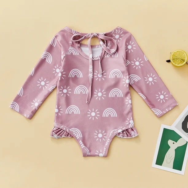 Woshilaocai Lovely Toddler Kid Girls Swimsuit Print Ruffle Trim Rashguard Swimwear Long Sleeve Ba... | Walmart (US)