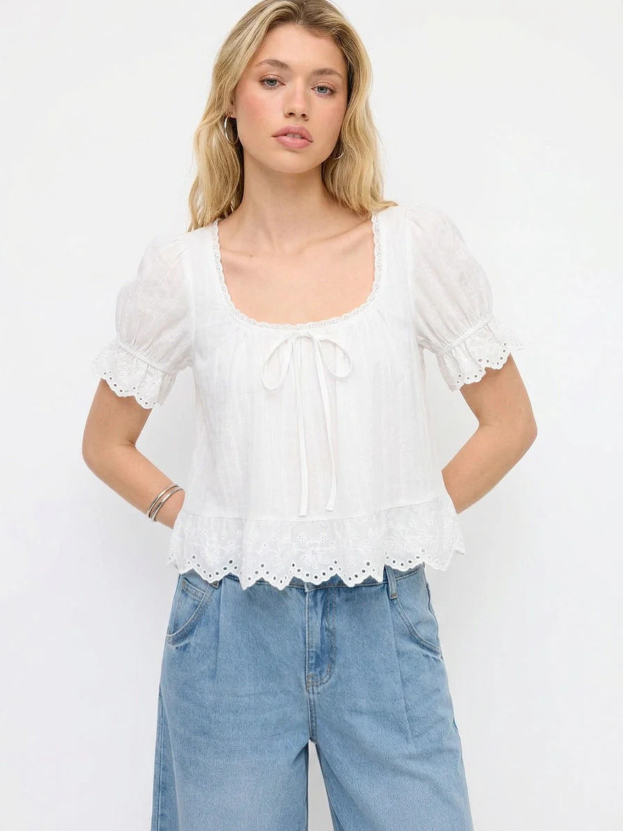 Cotton Lace Trim Knotted Short Puff Sleeve Blouse | Cider