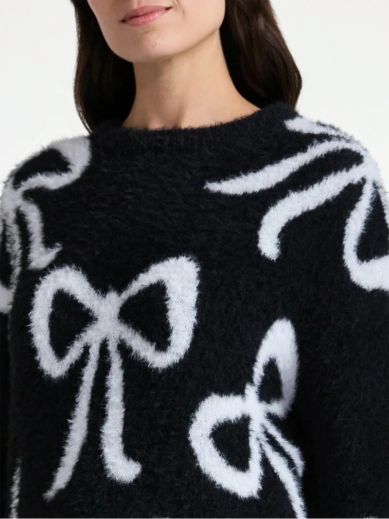 99 Jane Street Women's and Women's Plus Bow Print Pullover Sweater, Midweight, Sizes XS-4X | Walmart (US)