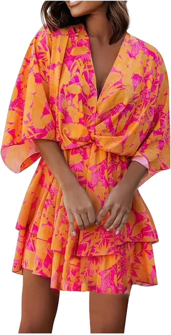Women's Maxi Dresses Summer V-Neck Loose Batwing Sleeve Elastic Waist Printed Dress Mini Travel E... | Amazon (US)