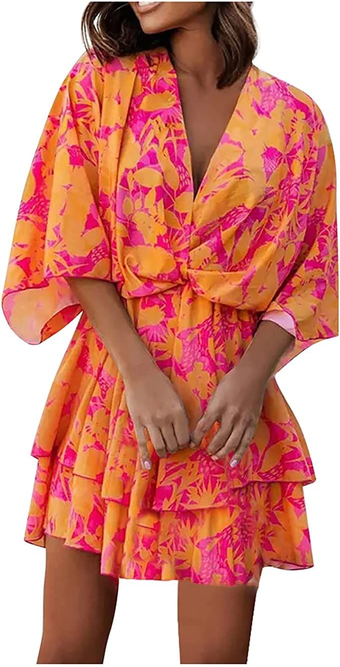 Women's Maxi Dresses Summer V-Neck Loose Batwing Sleeve Elastic Waist Printed Dress Mini Travel E... | Amazon (US)