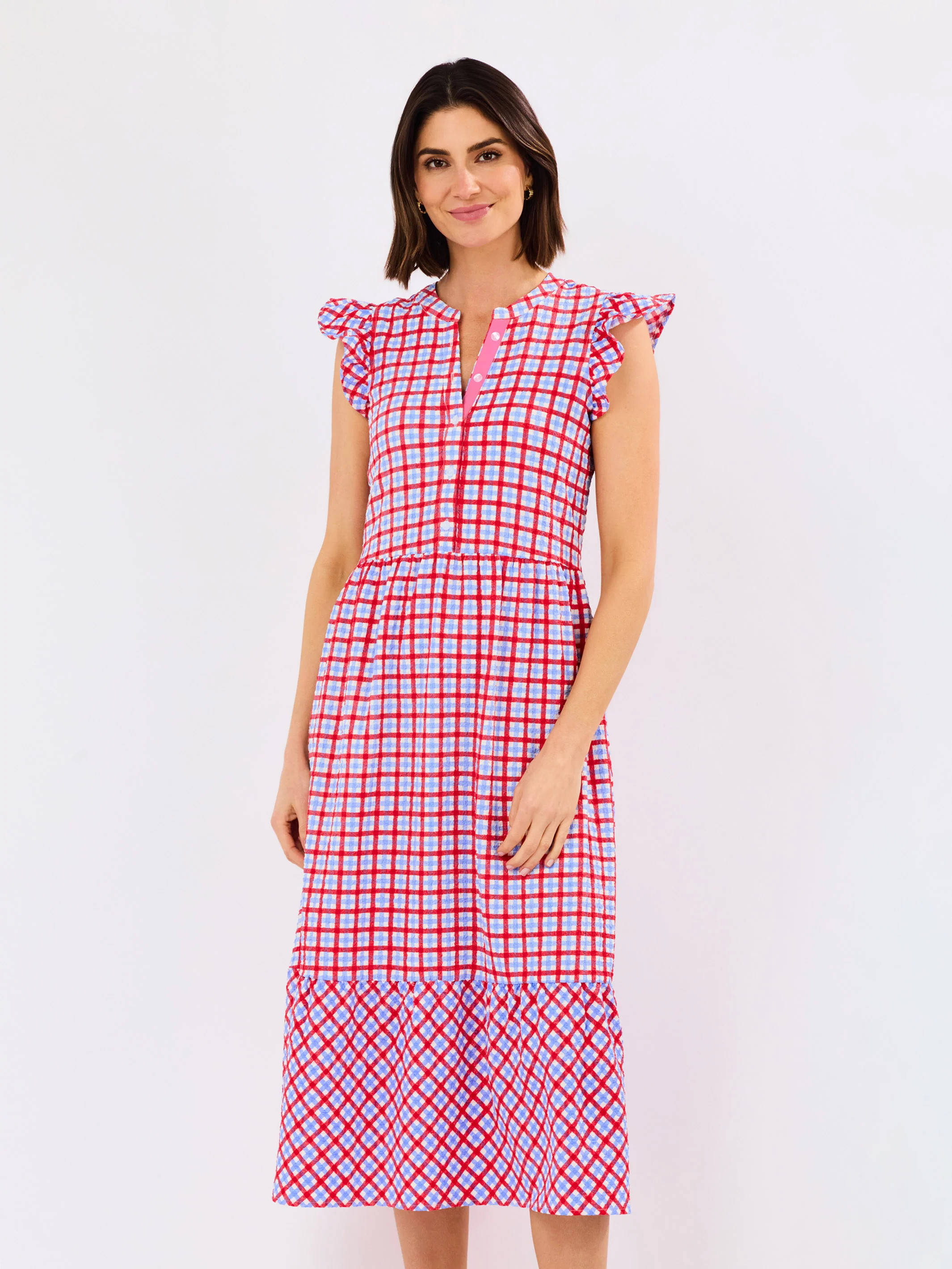 Riley Flutter Sleeve Dress | Gingham Red + Blue | Mary Square