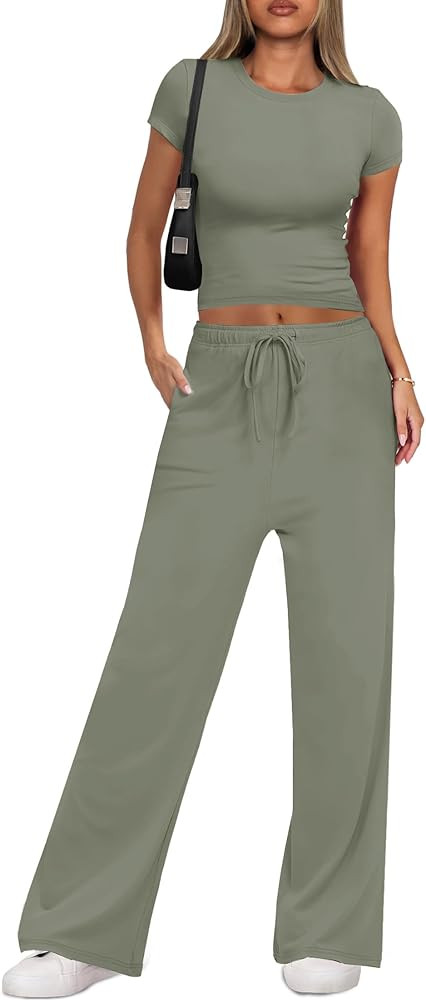 ANRABESS 2 Piece Sets for Women Summer Outfits Lounge Matching Set Crop Tops Wide Leg Pants 2024 ... | Amazon (US)