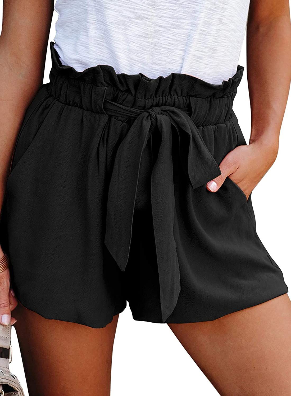 Dokotoo Womens Casual Summer Ruffle Belted Elastic Waist Shorts with Pockets | Amazon (US)