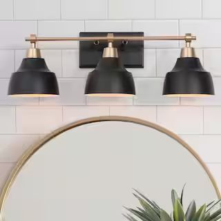 LNC Modern Black Bathroom Vanity Light with Gold Arm, 24.5 in. 3-Light Metal Bell Bath Wall Sconc... | The Home Depot
