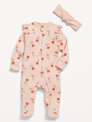 Unisex Sleep & Play 2-Way-Zip Footed One-Piece & Headband Layette Set for Baby | Old Navy (US)