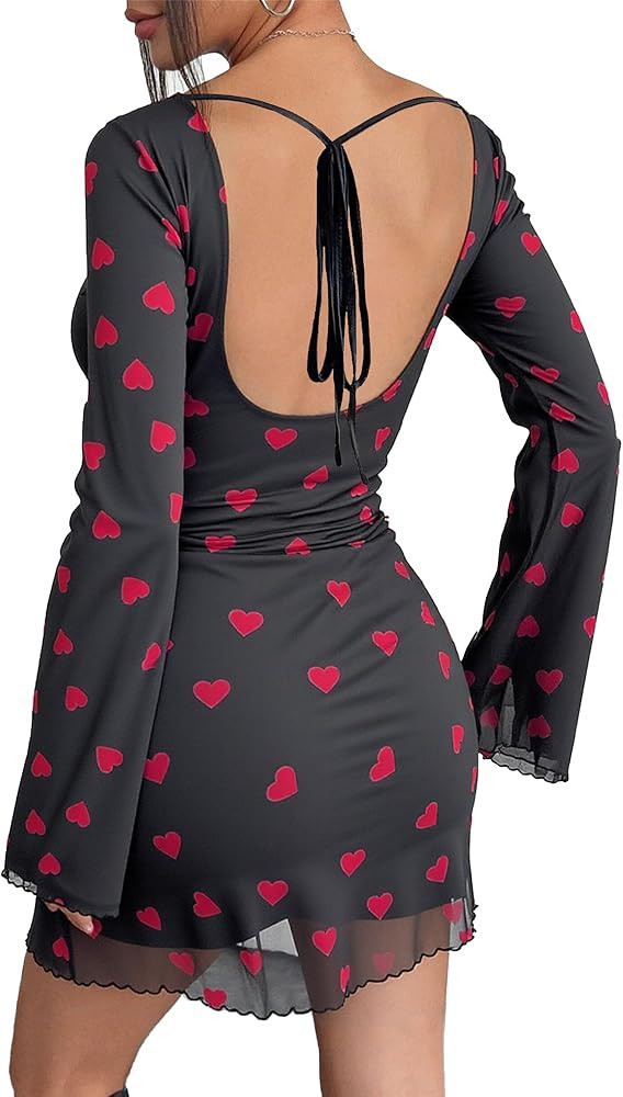 FEOYA Backless Mesh Mini Dress for Women Bell Long Sleeve Sheer Dresses Y2k Going Out Party Clubw... | Amazon (US)