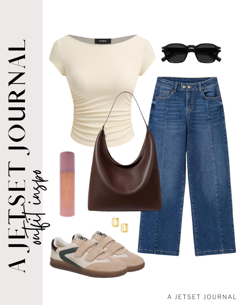 A beige ruched top and baggy jeans make a nice outfit, too! Pair them with Sam Edelman’s Talia sneakers and this large full-zip bag. Complete the look with these hoop earrings and a spray of Rare Beauty’s fragrance mist.

#LTKSeasonal #LTKSaleAlert #LTKTravel
 

 