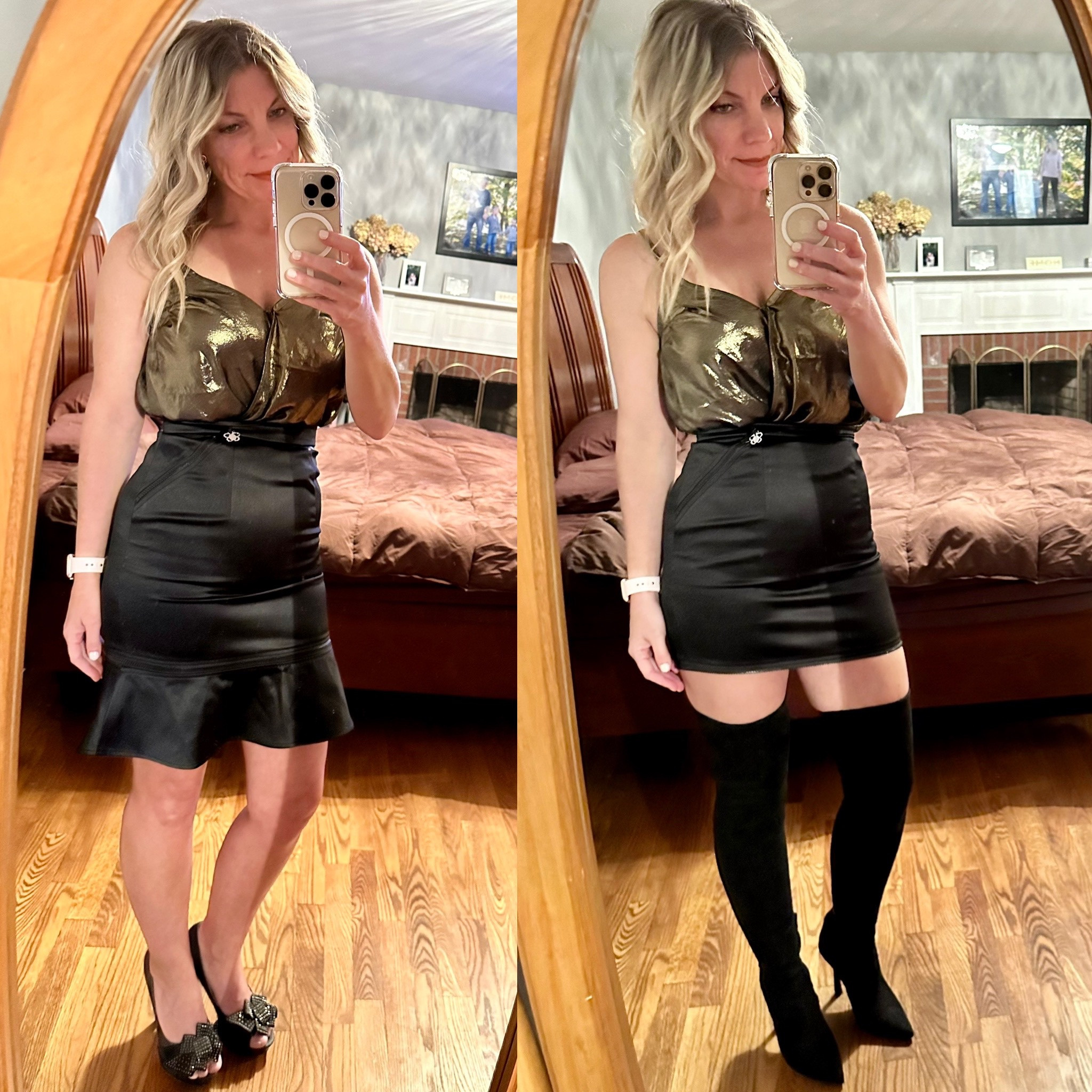 This or That? Do you like the knee-length skirt with pumps or mini skirt with thigh-high boots? Whichever your preference, this cami bodysuit  is the perfect pairing! 

#LTKunder50 #LTKstyletip #LTKunder100