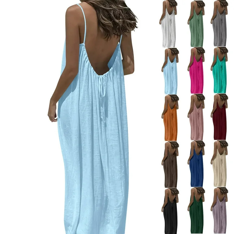 Horkkom Backless Dresses for Women Summer Beach Sleeveless Maxi Dresses Flowy Vacation Spaghetti ... | Walmart (US)
