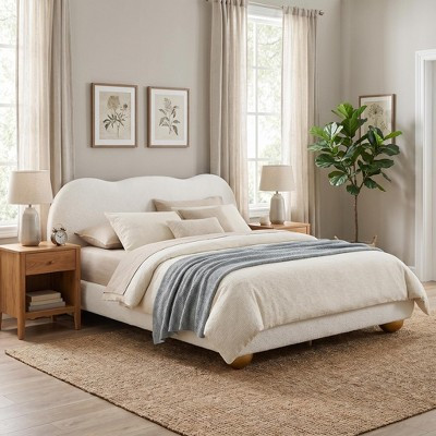 ModernLuxe Queen Upholstered Platform Bed Frame, Boucle Bed Frame with Curved Headboard & Round Solid Wood Legs, Off-White | Target