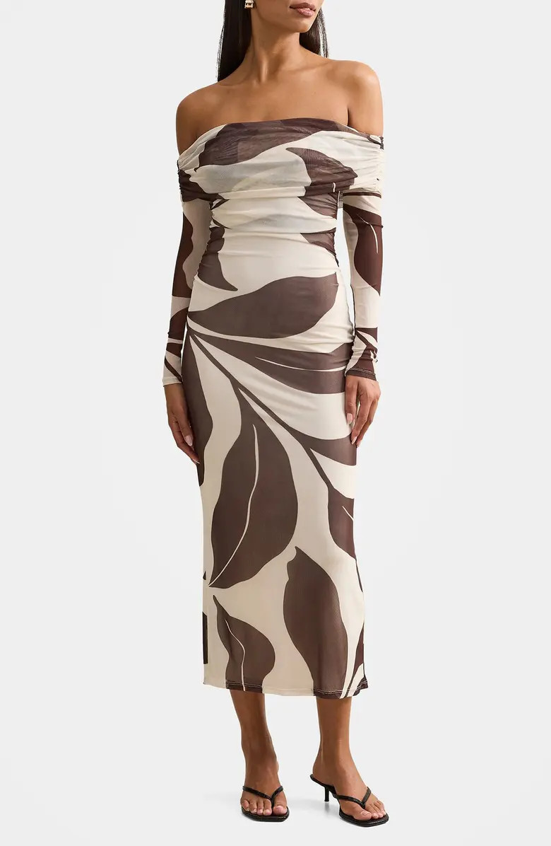 Minnie Long Sleeve Off the Shoulder Mesh Midi Dress | Nordstrom