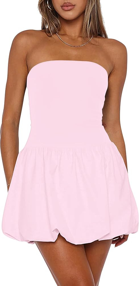 BAIGRAM Women Strapless Tube Top Dress Bubble Skirt Cute Summer Mini Short Dresses Bandeau Corset... | Amazon (US)