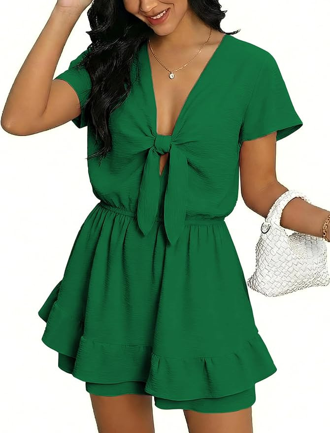 Angashion Womens Summer Shorts Romper: Sexy V-Neck Self Tie Double Layer Ruffle Hem Romper Dress ... | Amazon (US)