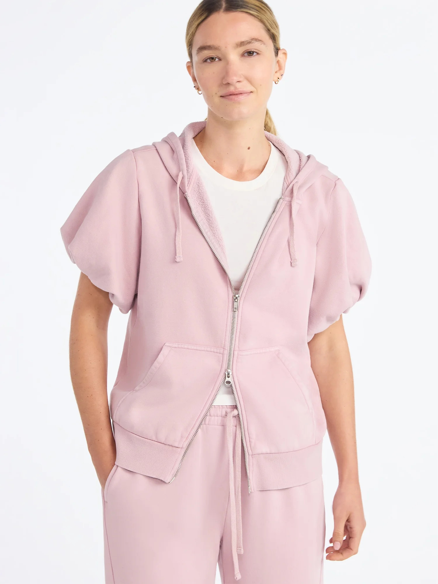 Scoop Women’s Mineral Washed Zip Hoodie with Short Puff Sleeves, Sizes XS-XXL | Walmart (US)