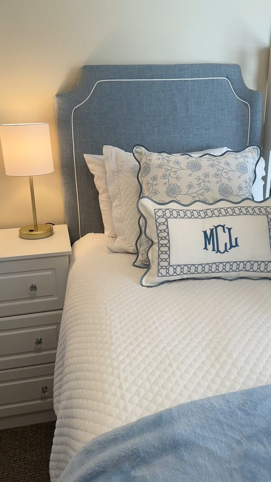 A little corner of her dorm room. We went very budget-friendly. The headboards were prob the most $$ thing but they were reasonable and we got on sale.  The pillow shams are from Amazon but I took locally to get monogrammed. We changed out the knobs on the Walmart dresser to elevate (linked similar but her roommate’s mom just had these). Dorm room. Dorm room decor. 

#LTKHome