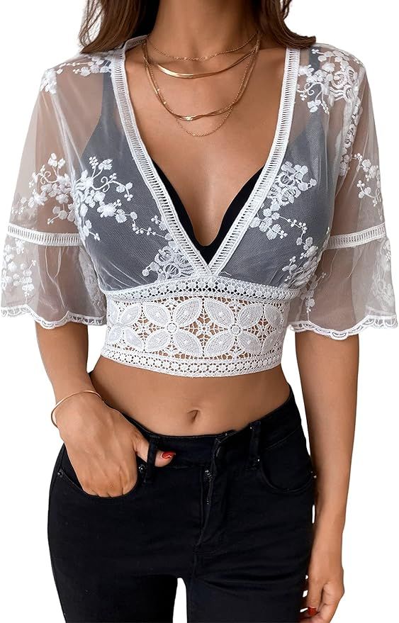 SOLY HUX Women's Deep V Neck Half Sleeve Embroidery Lace Sheer Mesh Crop Top Blouse | Amazon (US)