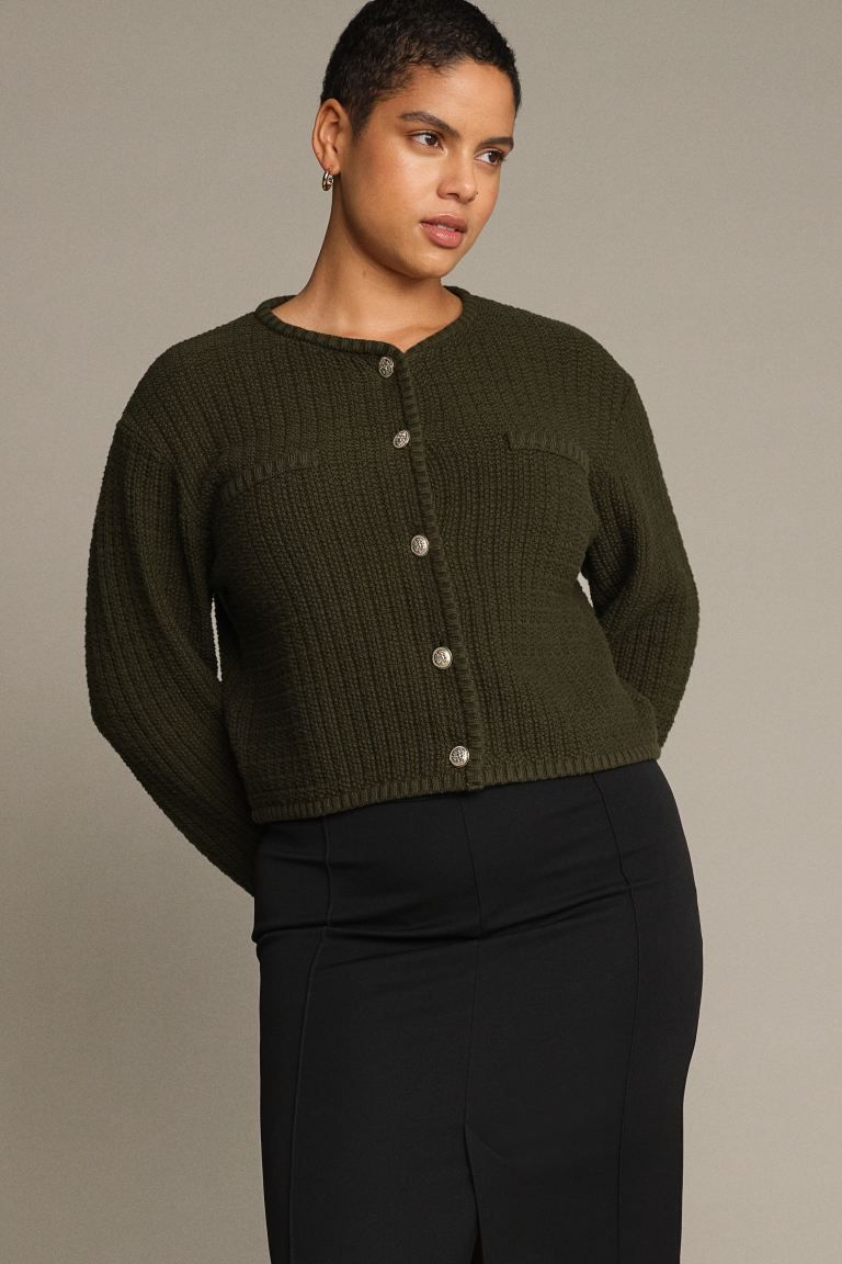 Short Textured-knit Cardigan - Dark khaki green - Ladies | H&M US | H&M (US + CA)
