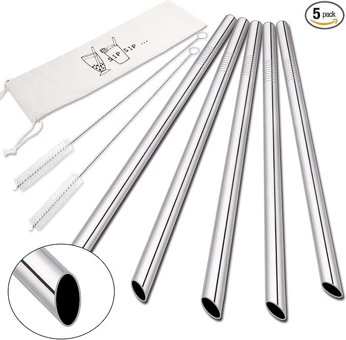[Angled Tips] 5 Pcs 10" Reusable Boba Straws & Smoothie Straws, 0.5" Wide Stainless Steel Straws,... | Amazon (US)