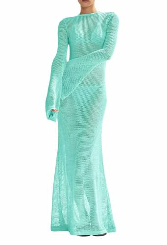 Saodimallsu Womens Crochet Cover Ups Long Sleeve Sexy Mesh Backless Knit Swimsuit Coverup Beach Maxi Dress Mint | Amazon (US)