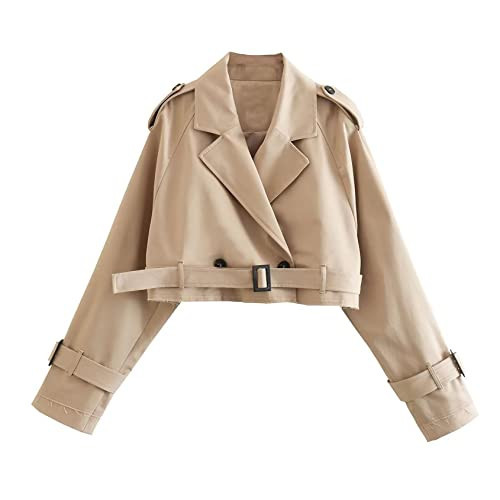 Perbai Womens Cropped Trench Coat Lightweight Lapel Double Breasted Belted Office Work Peacoat(Beige-L) | Amazon (US)