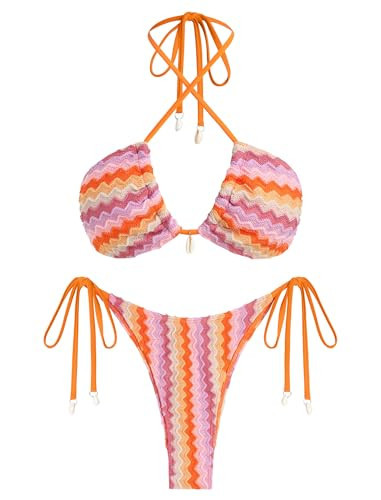 ZAFUL Women's Bikini Set Fishnet Triangle Tie Convertible Collar Halter Bandeau Shell Two Piece Bathing Suit 4-Orange M | Amazon (US)