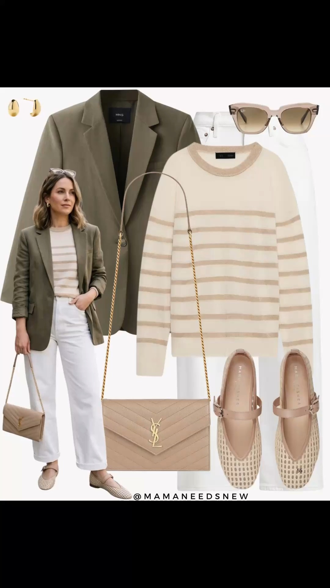 A spring outfit with a blazer, white jeans, striped sweater, Maryjane flats, shoulder bag 💚🤍

#LTKSeasonal #LTKSaleAlert #LTKootd