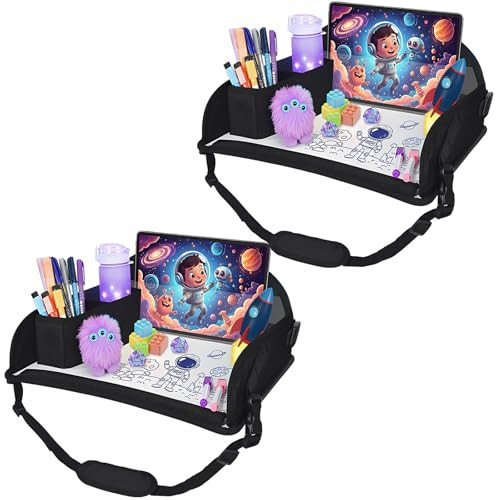 DxTing Upgraded Kids Travel Tray for Airplane - Toddler Car Seat Table Tray, Road Trip Essentials for Boys & Girls, Carseat Lap Desk for Kids Road Trip Activities, Black - 2 PCS | Amazon (US)