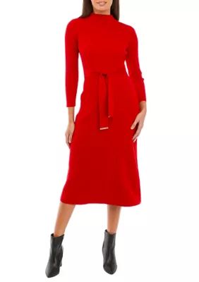 Sandra Darren Women's Sweater Long Sleeve Mock Neck Belted Midi Dress | Belk