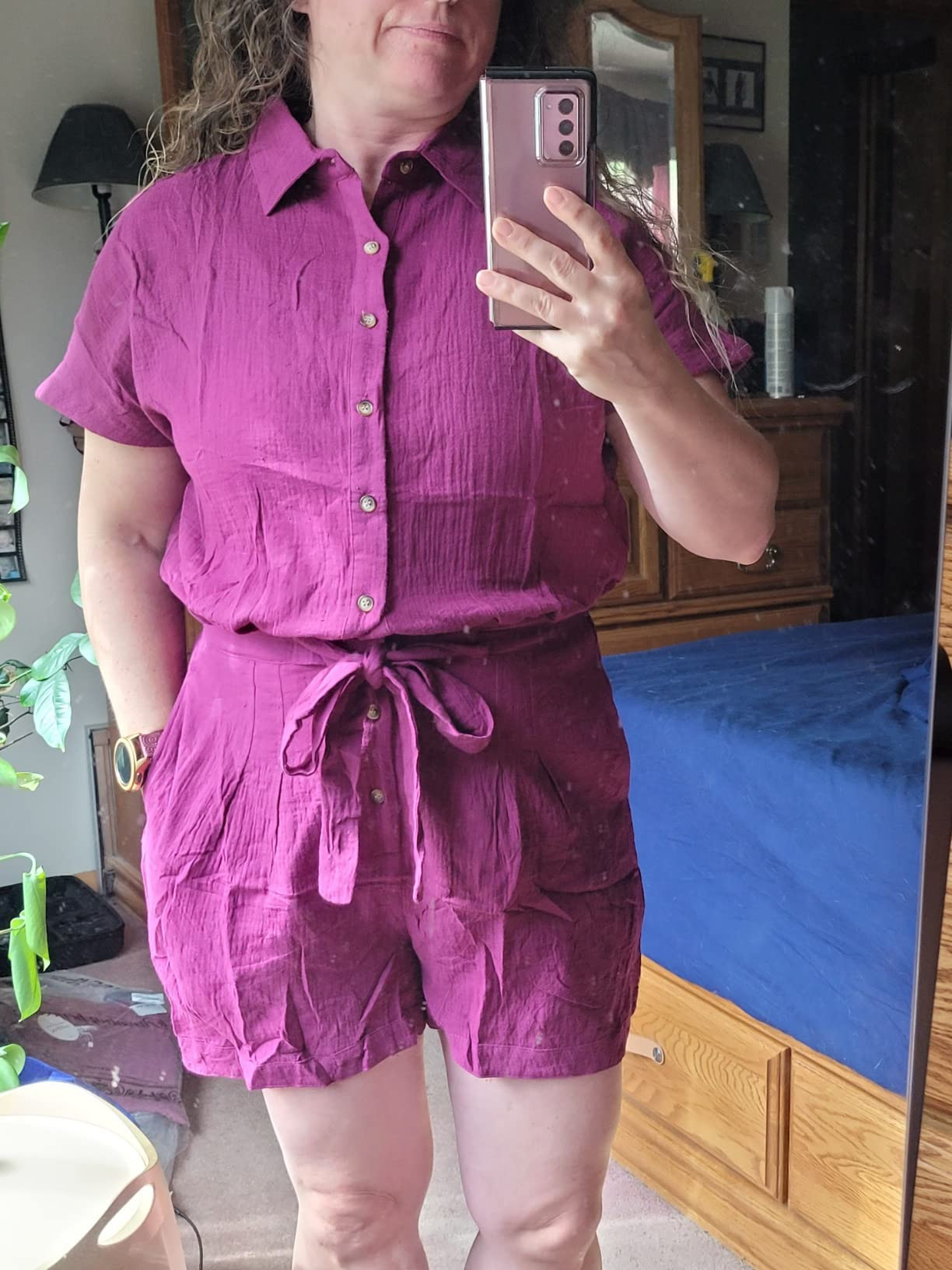 Paintcolors Women's Summer Short Sleeve Button Down Pockets Belted Elastic Waist Solid Color Jump... | Amazon (US)