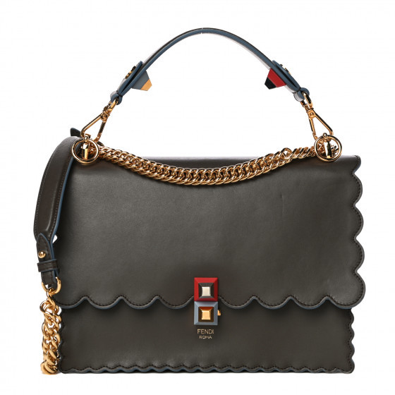 FENDI Calfskin Scalloped Studded Kan I Shoulder Bag Carbone | Fashionphile