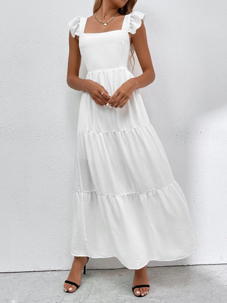 Solid Shirred Detail Ruffle Hem Dress | SHEIN