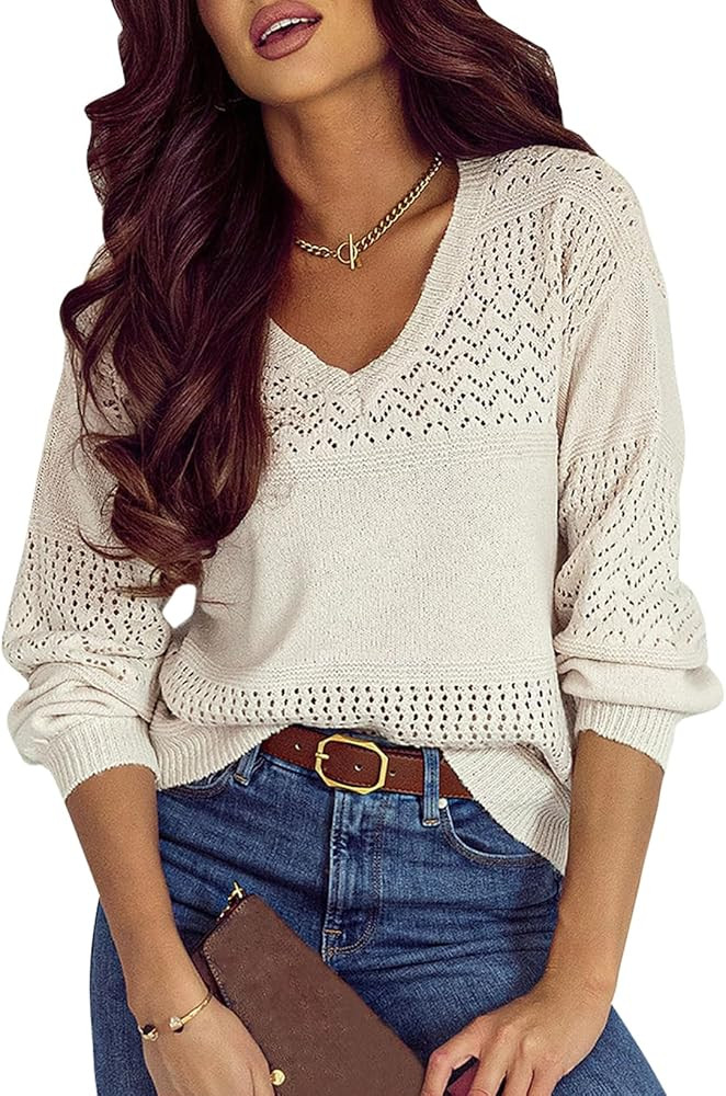SHEWIN Women's Sweaters Casual Long Sleeve V Neck Lightweight Crochet Pullover Sweater Tops | Amazon (US)