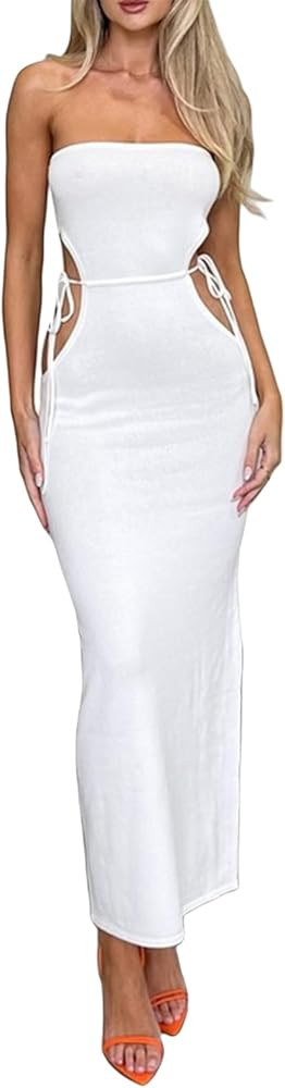 Women's Strapless Tube Tops Dress Sleeveless Hollow Out Skinny Long Dress Solid Casual Off Should... | Amazon (US)