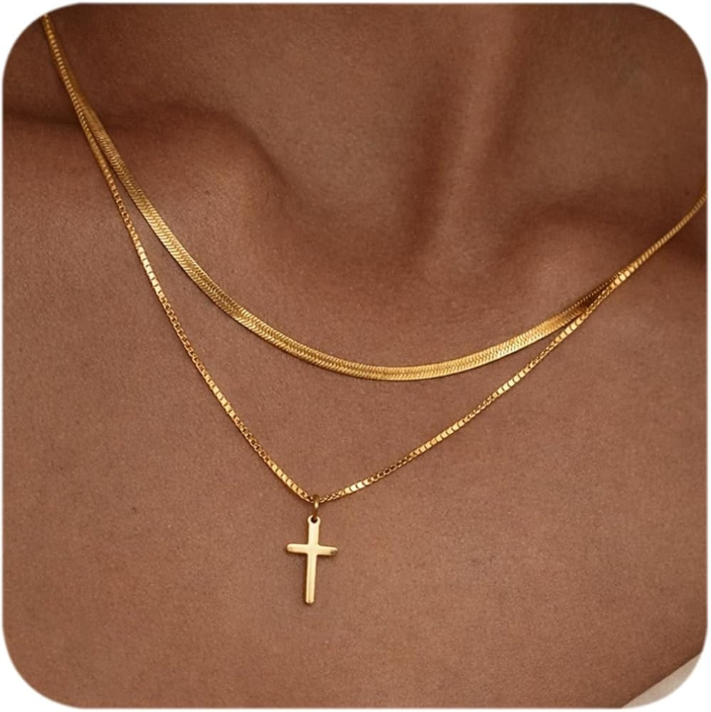 Double Layered Gold Cross Necklaces for Women Men,18K Gold Plated Necklace Stack,Minimalist Layer... | Amazon (US)