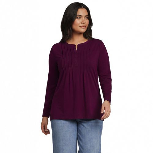 Womens Plus Size Long Sleeve Lightweight Jersey Pintuck Button Tunic Blouse - Lands' End - Green - 2X | Lands' End (US)