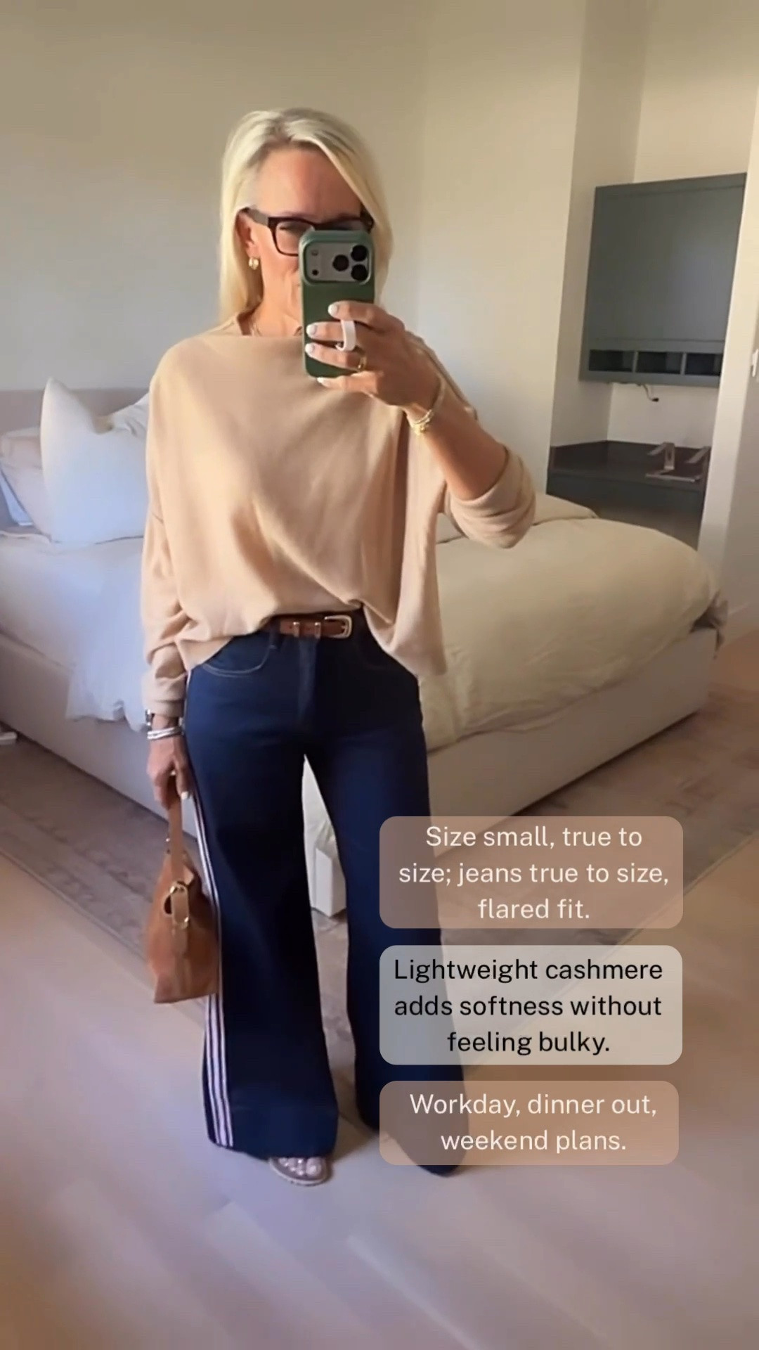 This cashmere sweater is one of those pieces I’ve had for several seasons and continue to reach for. I’m wearing a small, true to size, with dark denim flares, a simple combination that works beautifully for the workday, dinner out, or weekend plans.

I love how lightweight and comfortable this sweater is, and the neutral color makes it one of those wardrobe staples that pairs with just about everything. The denim has a sporty side stripe and a flared fit that gives this classic sweater-and-jeans outfit a little something extra.

#LTKootd #LTKOver40 #LTKgrwm