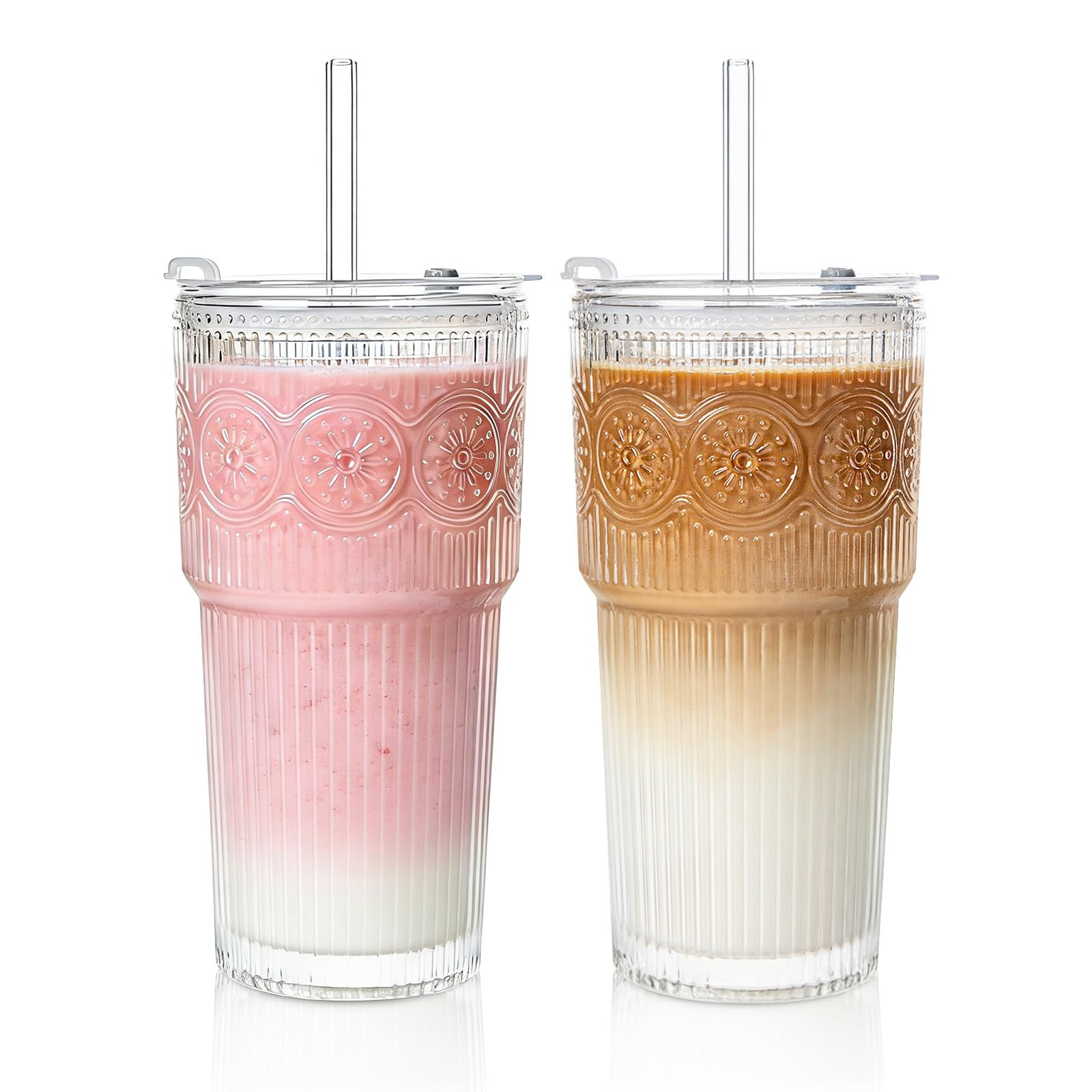 20oz Ribbed & Floral Glass Tumbler Set of 2 – Reusable Glass Cups with Lid and Glass Straw, Ice... | Amazon (US)