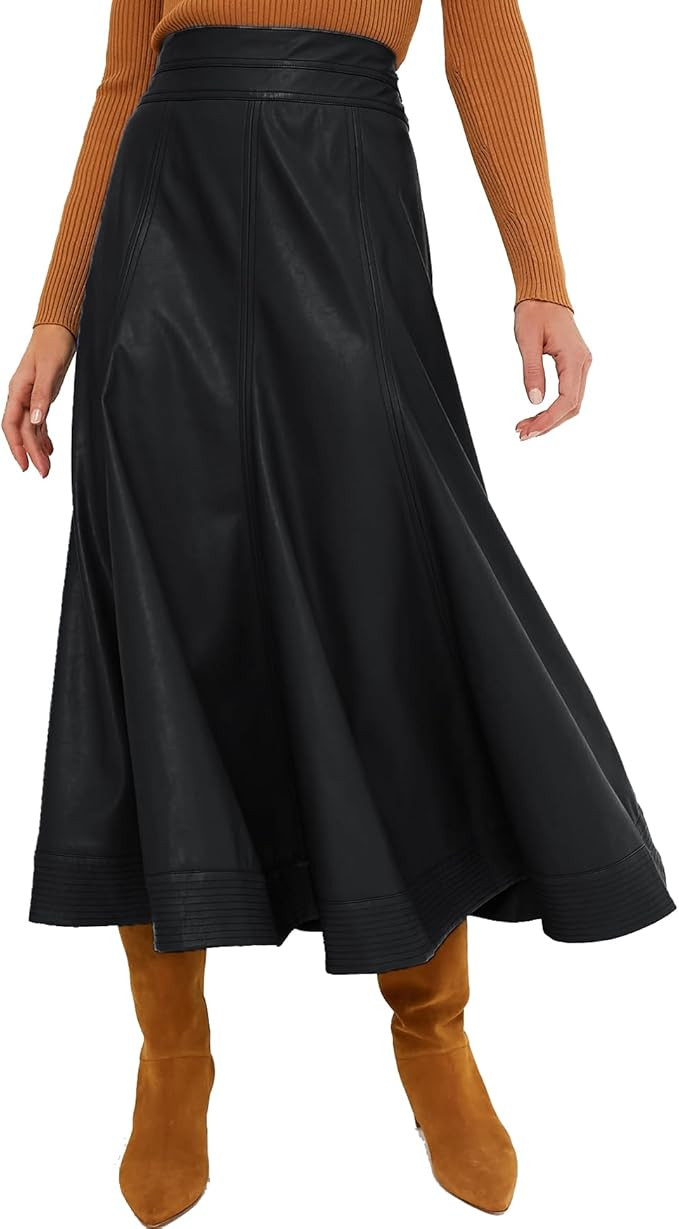 Women's Faux Leather Long Skirt High Waisted Pleated A Line Flare Skater Skirts | Amazon (US)